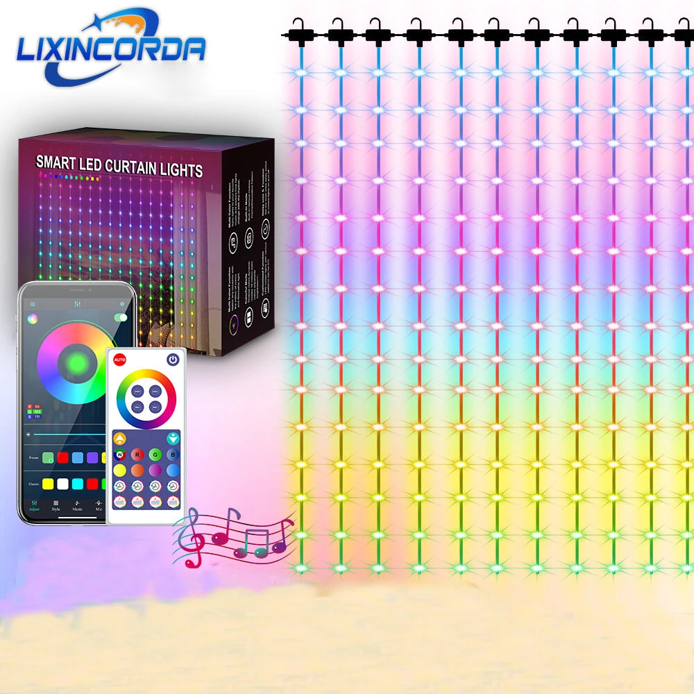 (image for) LIXINCORDA Smart RGB LED Curtain Light Strings Bluetooth APP Control Remote Control IP68 Waterproof Holidays Wedding Decorations